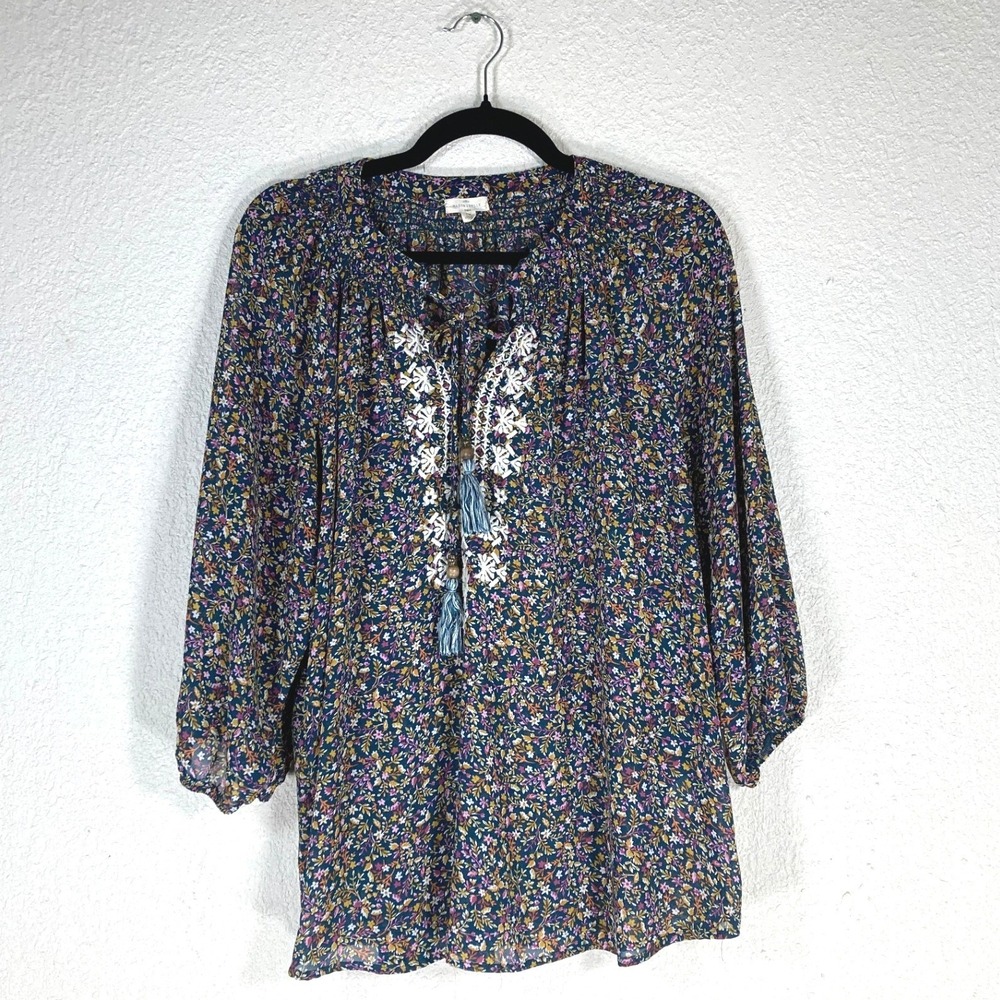 Mason & Belle Navy Floral Boho Peasant Blouse 1X Tassel Embroidery JFPW4510DE